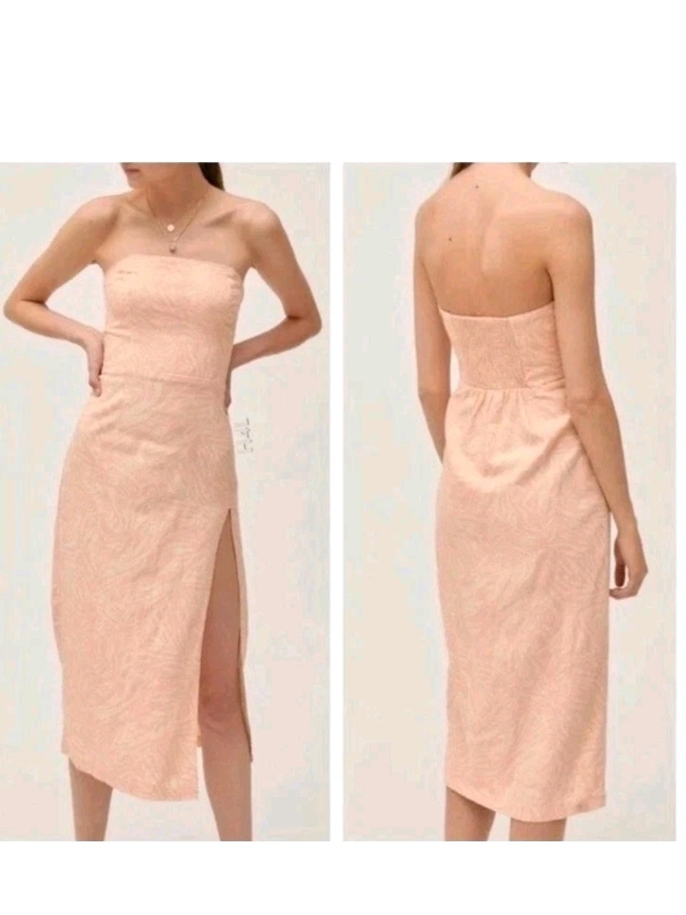 UO Urban Outfitters Dress Strapless M  Peach White Linen Blend Midi High Slit